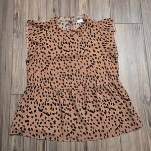 Angashion Womens Cheetah Print Peplum Ruffle Sleeve Mock Neck Top L